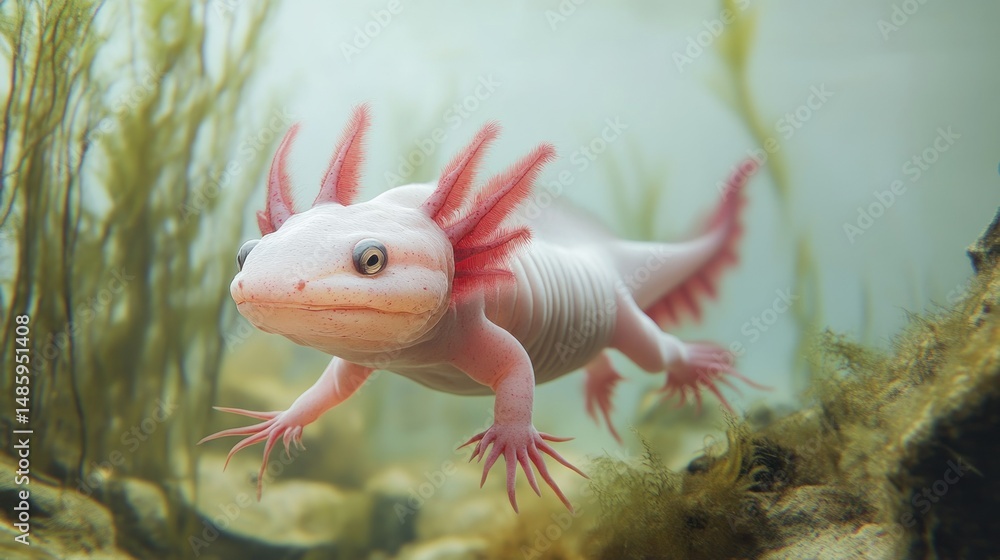 Obraz premium An Axolotl swims in a clear freshwater lake, background wallpaper AI generated image