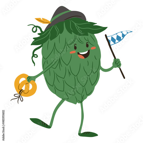 A hop farmer holding a pretzel at Oktoberfest