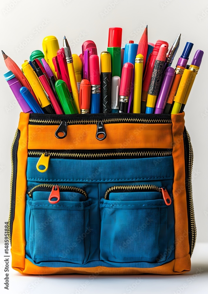 colorful backpack with open zipper full of stationery colorful backpack with open zipper full of stationery