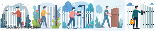 vector of man opening the house gate