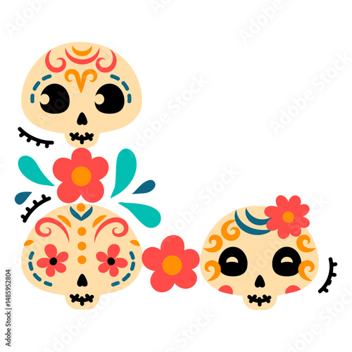 Three sugar skulls with flowers