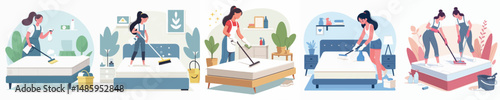 vector woman cleaning bed