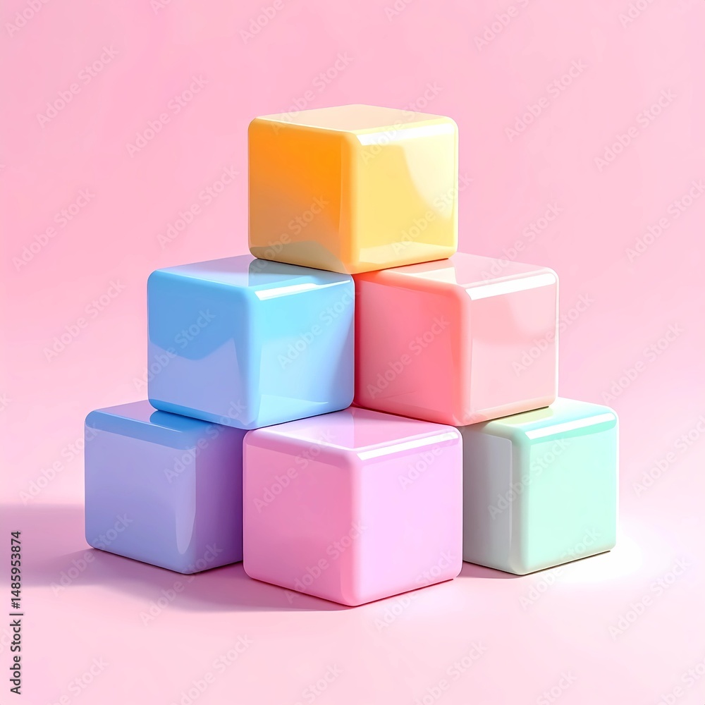 Obraz premium 3D Render of Stacked Pastel Color Cubes Forming a Geometric Pyramid on Soft Pink Background – Minimal Abstract Composition for Modern Design Use