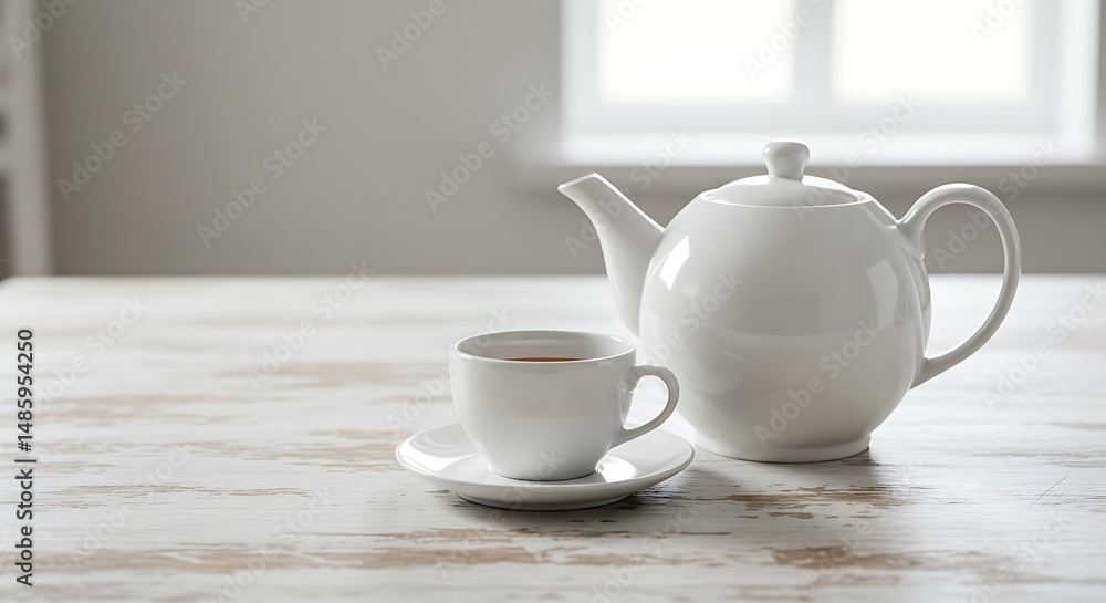 Serene Morning Tea A White Teapot and Cup on a Rustic Table Serene Morning Tea A White Teapot and Cup on a Rustic Table
