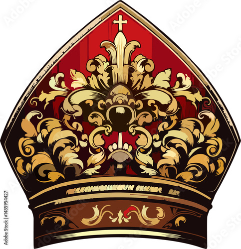 Baroque Papal Mitre Vector Illustration – Red and Gold Ornamental Bishop Hat with Cross and Flourish Details