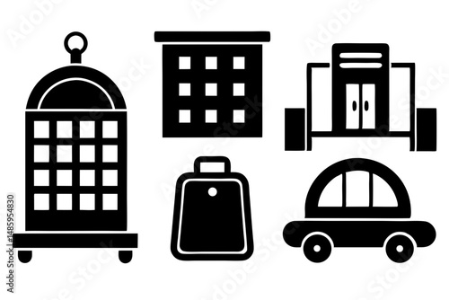 Simple Black Glyph Icons of Transportation and Buildings