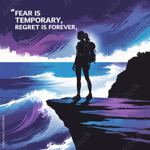 Silhouette Woman Traveler Ocean Cliff Dramatic View Inspirational Travel Poster Fear Regret Motivational Quote  Purple Blue Gradient Colors Artistic Vector Illustration Design Graphic Background sky  