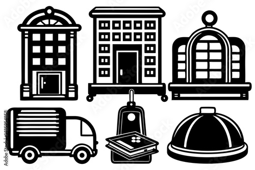 Hotel Building Icons Delivery Service Bellhop Book