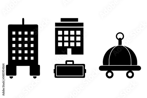 Hotel Service Icons Building Luggage and Bellhop Cart