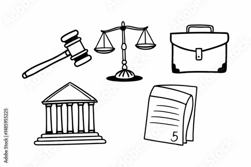 Hand Drawn Law Icons Gavel Scales Briefcase Courthouse Document