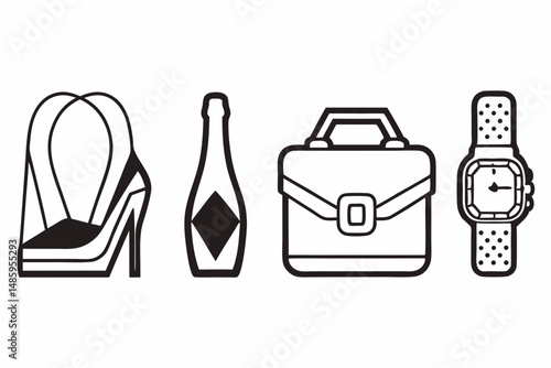 Stylish Black and White Line Art Icons of Fashion Accessories