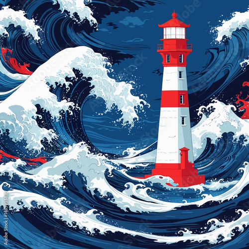 Lighthouse Standing Strong Against Powerful Ocean Waves Dramatic Red White Coastal Scene Nautical Illustration Artistic Digital Painting Graphic Design Element  Sea Storm  Water  Nature sky blue wind 