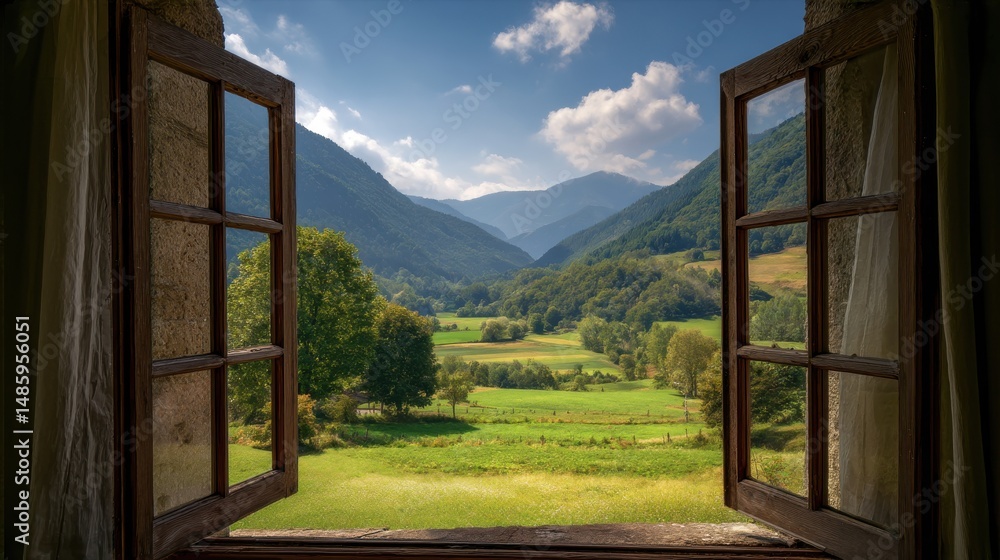 Ultra quality image of picturesque countryside view through an open window, with green fields and mountains in the background. Ultra quality image of picturesque countryside view through an open window, with green fields and mountains in the background.