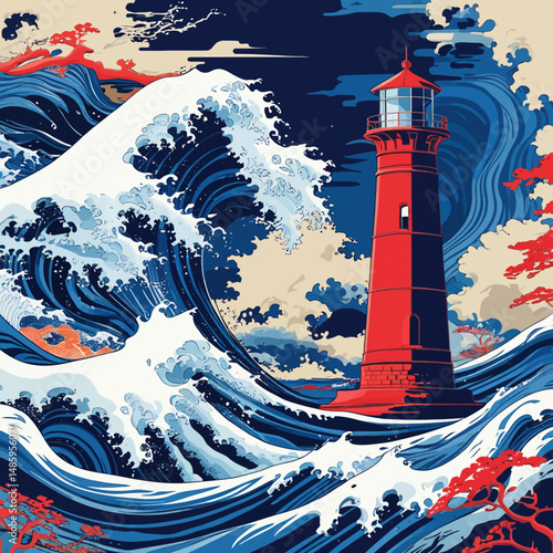 Red Lighthouse Dramatic Ocean Wave Japanese Style Art Print Powerful Blue Water Ukiyoe Inspired Modern Coastal Illustration Nautical Theme Artistic Design Graphic Image sea sky wind retro storm color 