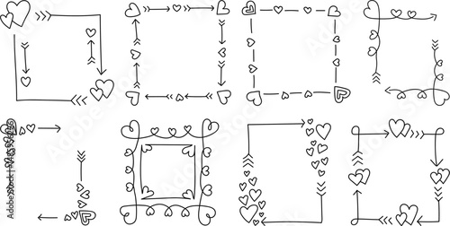 Cute hand-drawn heart and arrow frames – romantic square borders for Valentine’s Day cards, love notes, wedding invitations, and playful decorative designs

