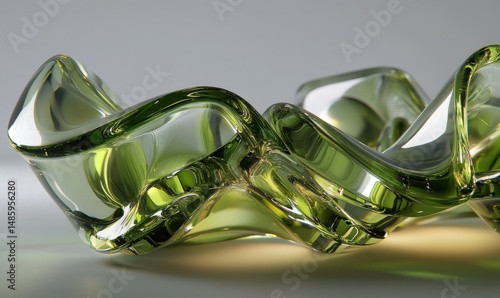 Abstract green glass sculpture, studio shot, light background, design element