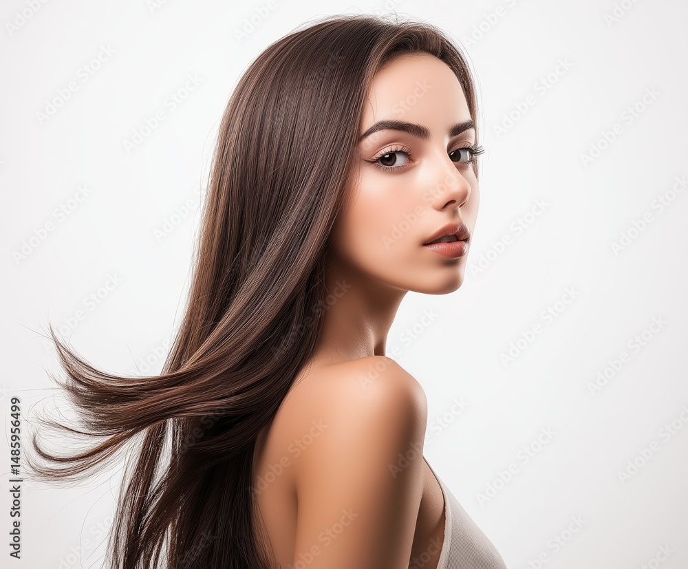 Fototapeta premium A beautiful woman wearing a black strapless dress with her hair blowing in the wind, on a white background.