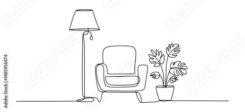 Minimalist Black Line Art of Living Room Furniture – Lamp, Armchair, and Plant