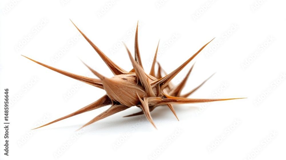 Obraz premium Isolated thorns detail on a white plant leaf, a macro view of nature's dry brown decoration