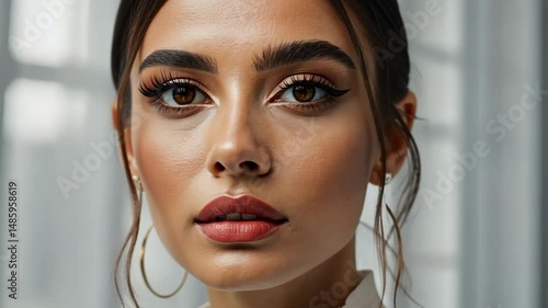 Woman with striking makeup and elegant earrings, wearing a white lace top, captured in soft lighting against a blurred backdrop, exuding timeless beauty and sophistication.