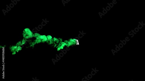 Smoke grenade moves across a black background releasing a swirling trail of bright green smoke, 3D animation