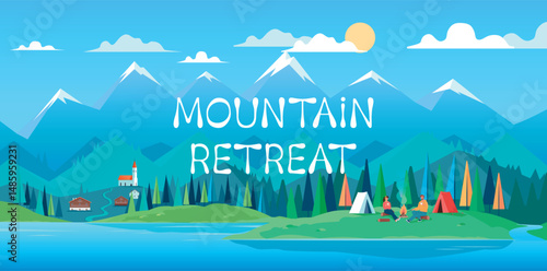 Colorful mountain landscape illustration for summer vacation travel retreat