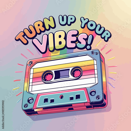 Retro Cassette Tape Rainbow Vibes Design Graphic Illustration Turn Up Your Vibes Positive Energy Music 80s 90s Nostalgia Vintage Aesthetic Colorful Art Print fun pop cool style happy media audio sound
