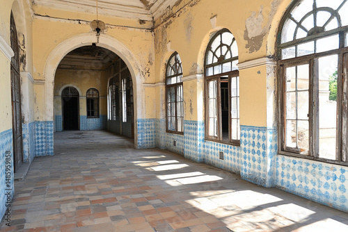 Long empty hallway with faded walls revealing years of neglect and decay in an abandoned building