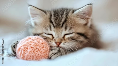 Wallpaper Mural Adorable beautiful cute tabby kitten posing for photographer playing with her favorite toy on white bed and white background Torontodigital.ca