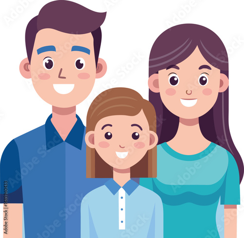 Cartoon illustration of a happy family with a baby, including a doctor and a nurse as parents