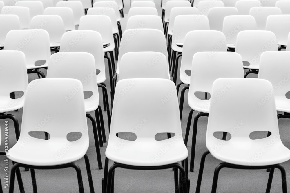 Fototapeta premium Empty rows of white chairs in a large sports stadium create a stark image of absence and quiet during a non-event