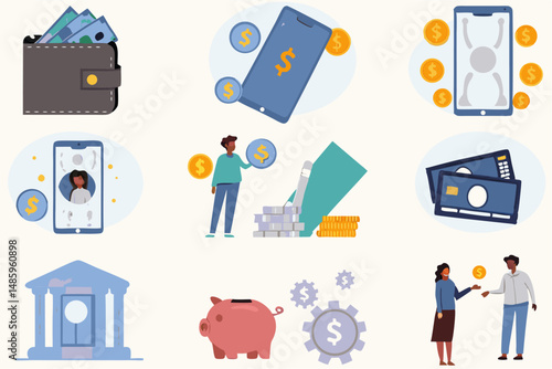 Financial Collection: A comprehensive collection of digital illustrations showcasing financial concepts, including a wallet, smartphone transactions, coin, dollar sign, bank, piggy bank.