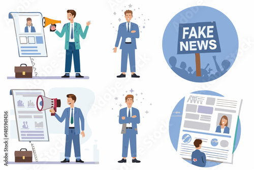 Spreading Misinformation: A collection of flat vector illustrations conveying concepts such as fake news, propaganda, and misrepresentation, featuring a central figure in a business suit.
