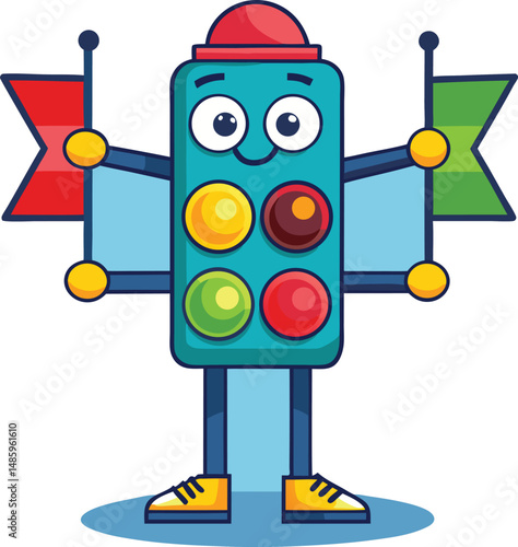 A cute retro cartoon robot toy, a funny metal android illustration with a sign, isolated on white for futuristic fun