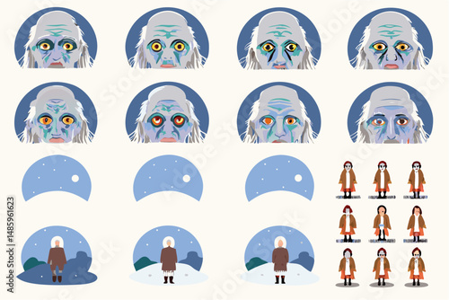 Winter Character Design Elements: A collection of charming winter character design elements, including various facial expressions, crescent moons, and wintery scenes, perfect for animation.
