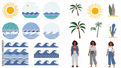 Tropical Dream Collection: Captivating illustration showcasing the essence of tropical themes, with a diverse set of illustrations perfect for adding a touch of paradise. Featuring the sun.