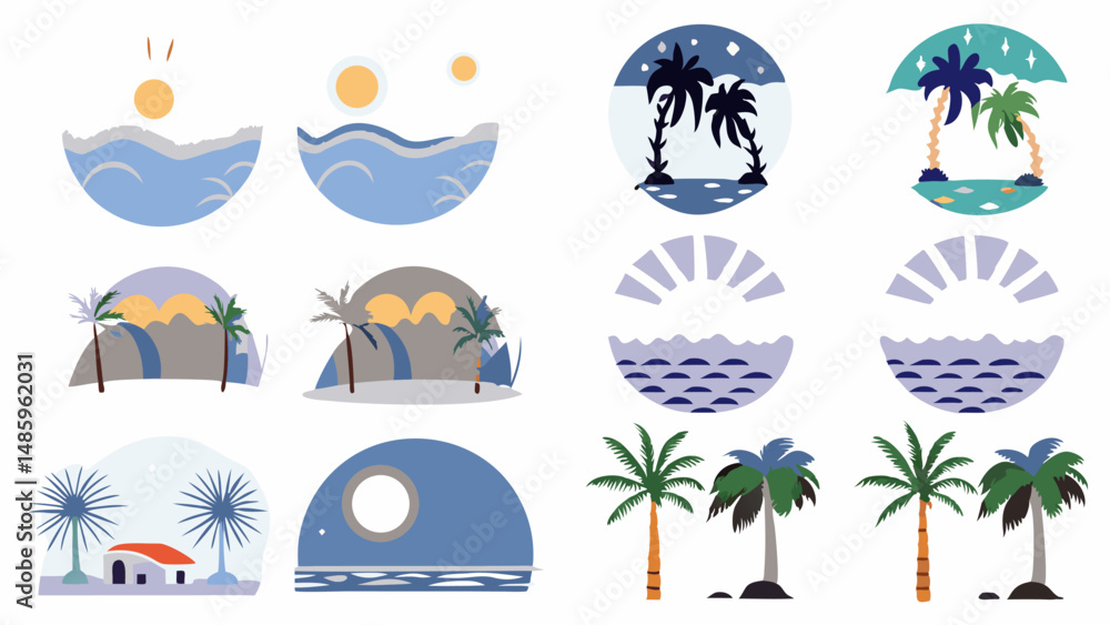Obraz premium Tropical Paradise Icons: A vibrant collection of stylized icons and graphics showcasing serene beach scenes and elements, evoking a sense of tranquility and vacation joy.
