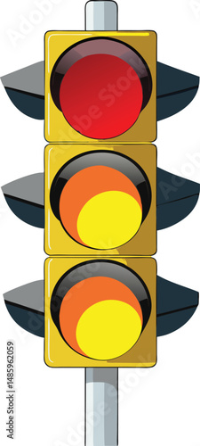 A red stop traffic light, a traffic light on a white background, and a traffic light displaying yellow are all signals for road transportation