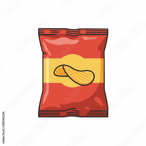 A red & yellow bag of chips, with some chips visible at the bottom