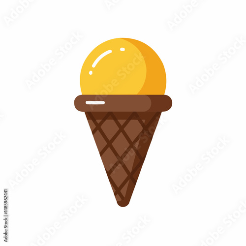 Cartoon drawing of scoop of golden ice cream in brown cone. Sweet treat