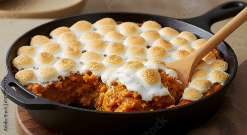 Sweet potato casserole in a cast iron skillet with toasted marshmallows on top