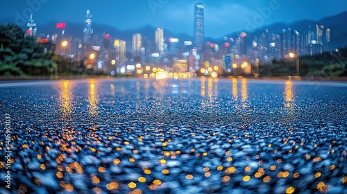 Wet asphalt reflects city lights at night, creating a vibrant, blurred cityscape backdrop