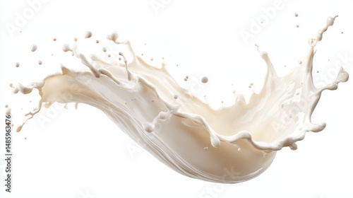 Ultra quality image of asymmetrical milk splash in air with vanilla flavor isolated on white background.