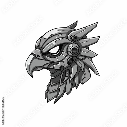 Robotic bird head, metallic gray, with sharp lines and futuristic design on a white background