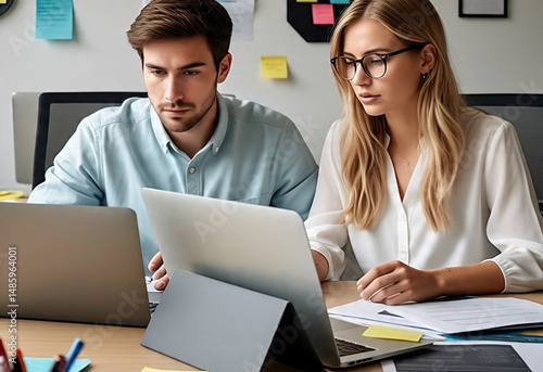 Young professionals collaborating at a shared desk in a modern tech startup office