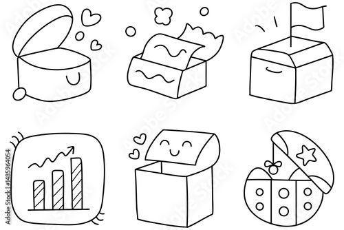 Cute and playful illustrations of various boxes including organizational chart box, gift boxes, and chart design