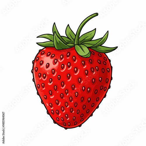 Cartoon depiction of a plump red strawberry with a leafy green top