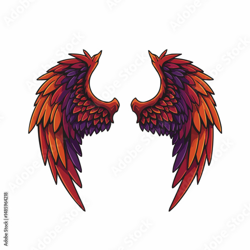 Symmetrical pair of vivid red and purple wings, stylized feathers, isolated