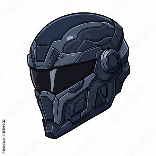 Futuristic helmet; dark and metallic, complex geometric design