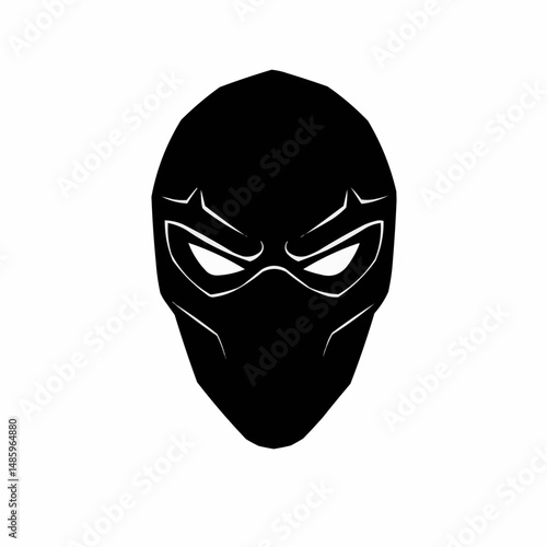 Black mask with stark white details against plain white background, graphic and minimal